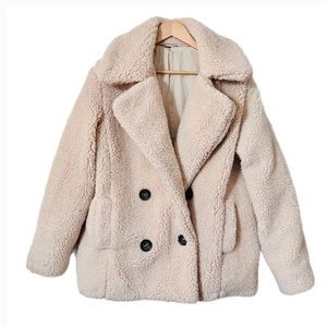 Free People Notched Teddy Sherpa Oversized Peacoat - Size S - Oatmeal
